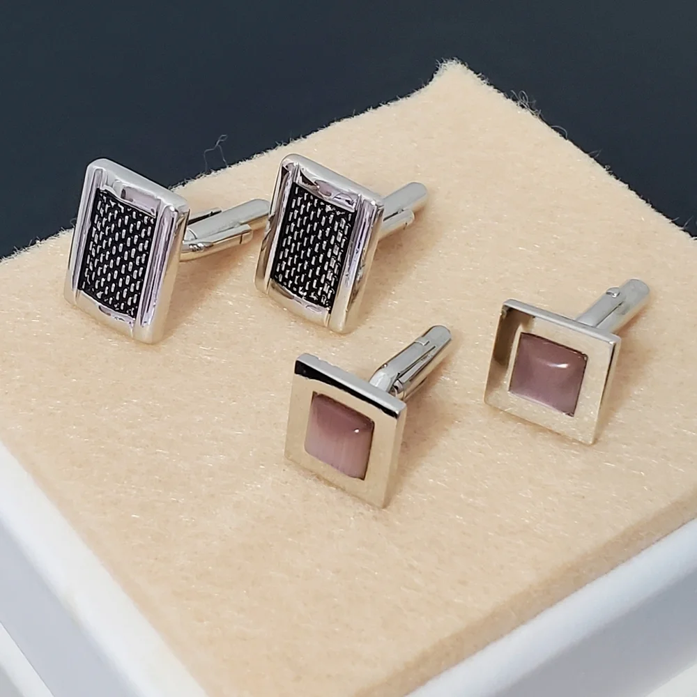 Silver & Black Herringbone Mesh Rectangular Cufflinks - Unisex